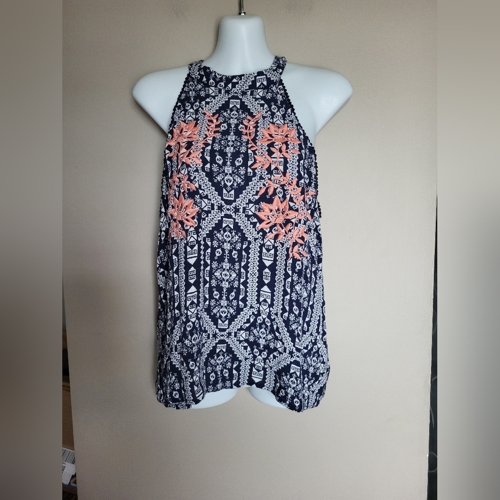 Navy and Coral Patterned Women's Top, Size Large